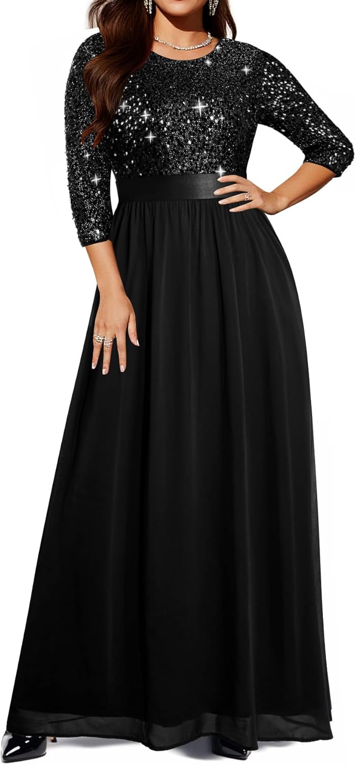 Women's Plus Size Lace Chiffon Long Maxi 3/4 Sleeve Dress