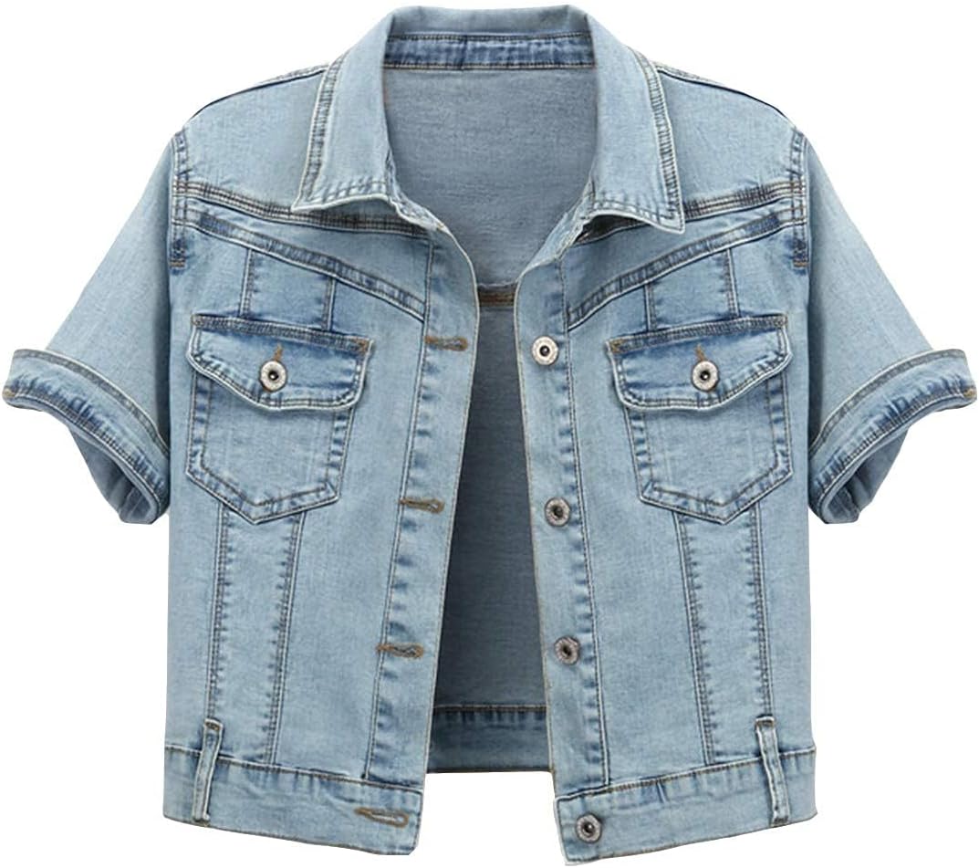 Omoone Women's Summer Short Sleeve Slim Crop Denim Jacket