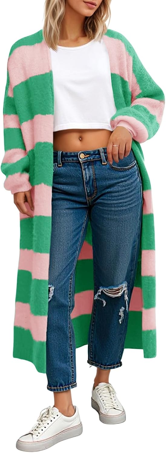 Saodimallsu Womens Striped Long Cardigan for Cozy Fall Style