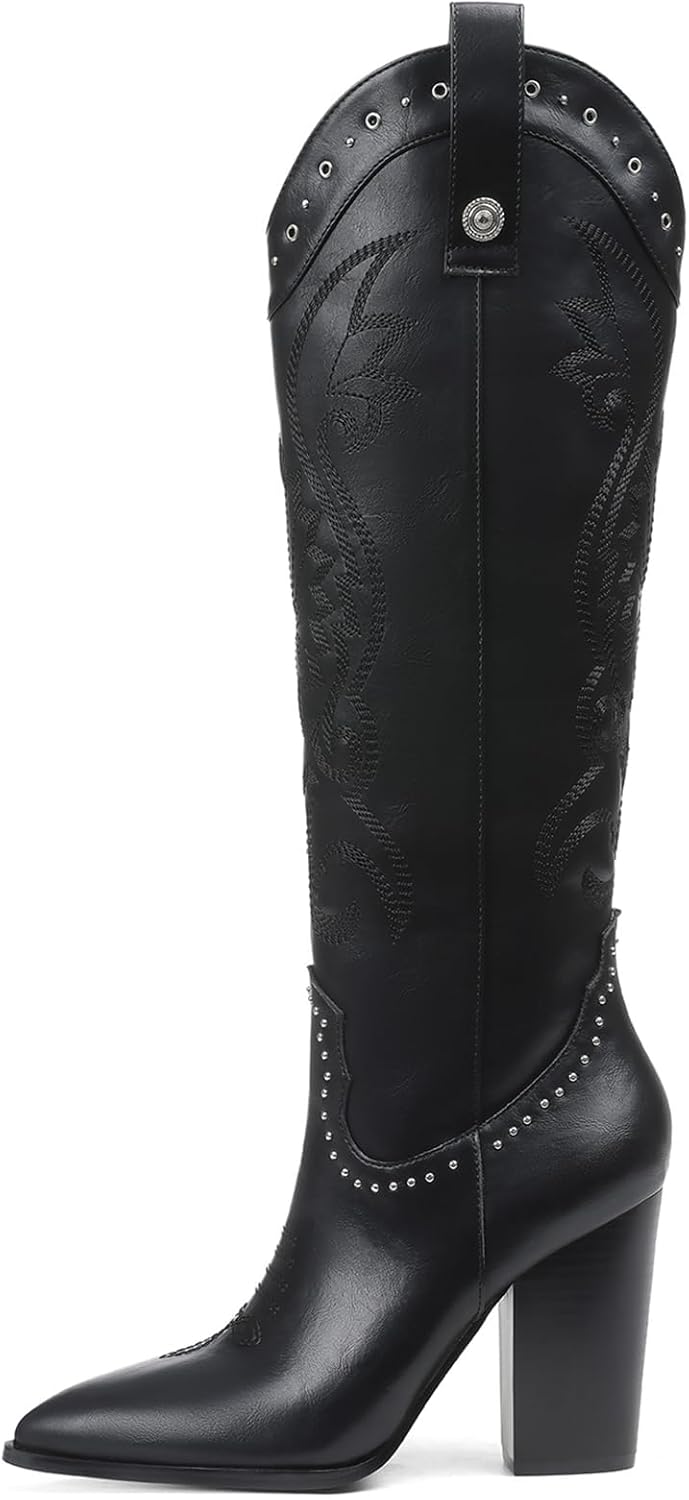 VOMIRA Knee High Cowboy Boots for Women with Chunky Heels