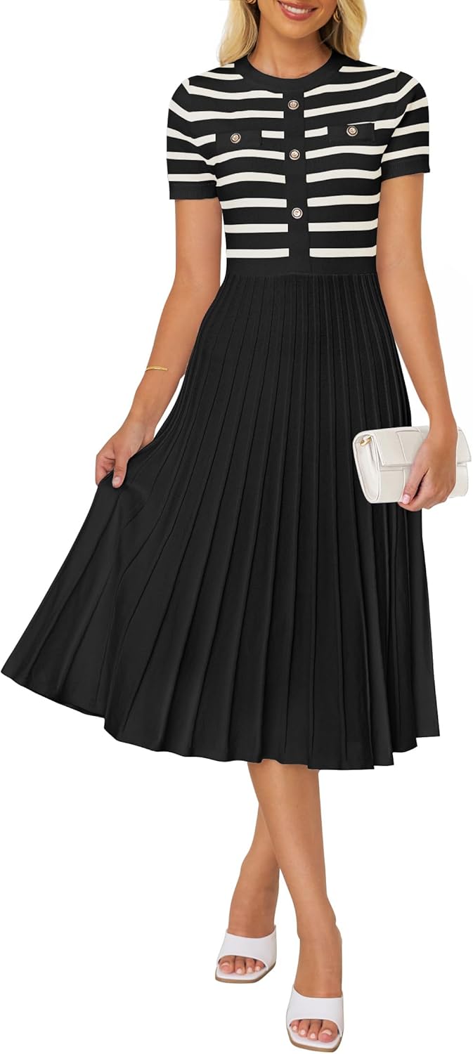 ZESICA Women's Casual Striped Midi Dress for Summer Elegance