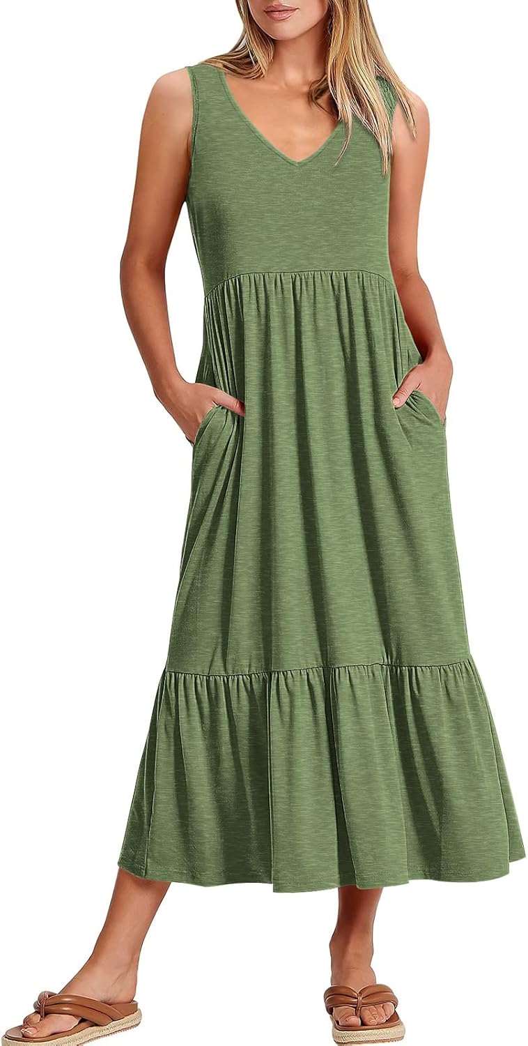Womens Summer Maxi Dresses Fit & Flare Flowy V Neck Sleeveless