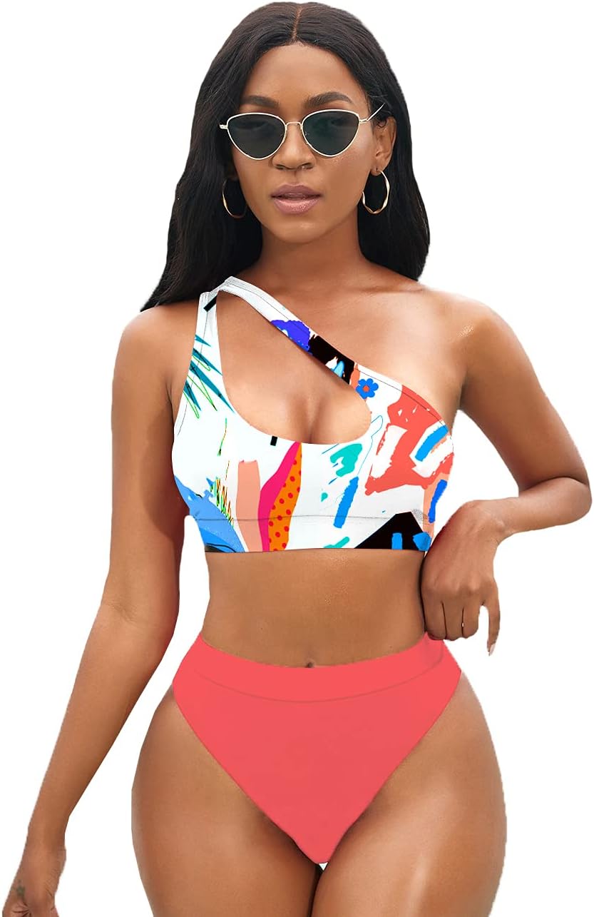 One Shoulder Cutout Bikini Set for Women High Waisted Bottom