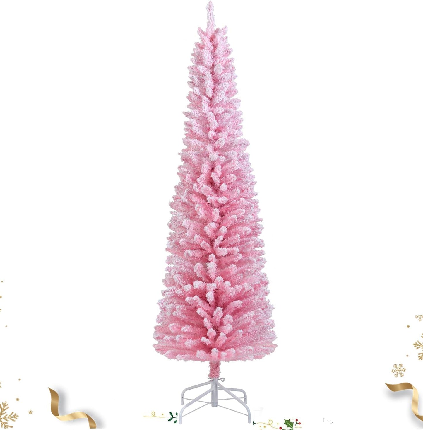 6 FT Unlit Slim Pencil Christmas Tree with Pink Foliage