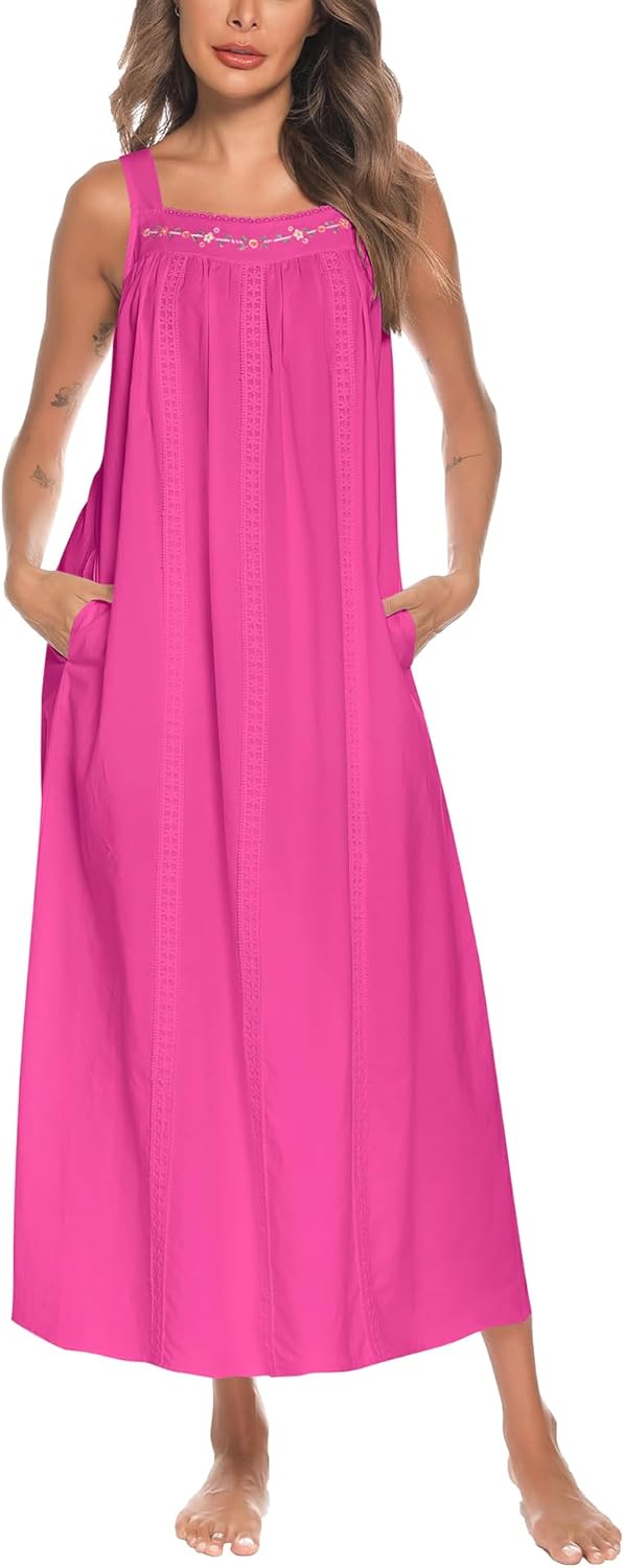 Cotton Nightgowns for Women with Pockets and Embroidery