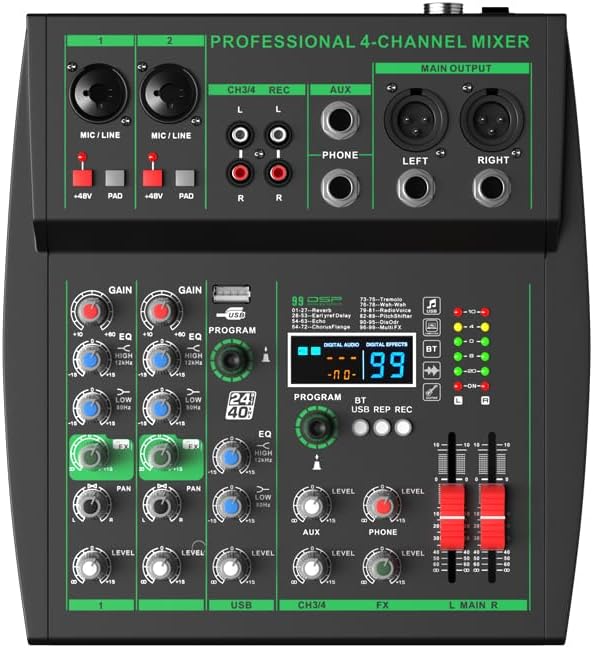mw-4 Black 4Channel Audio Mixer with 99 Effects for Podcasting