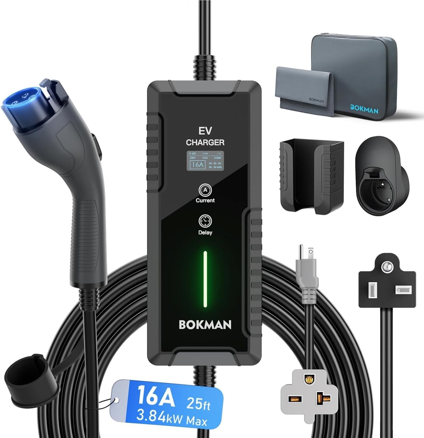 bokman Level 1&2 EV Charger 16A with 25ft Charging Cable