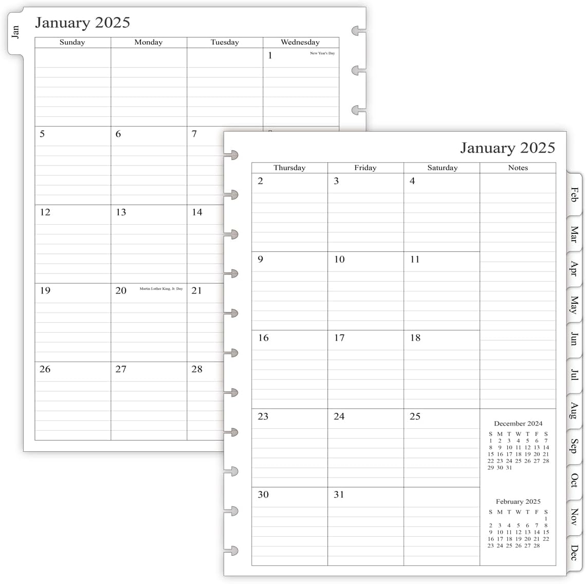 2025 Monthly Planner Refill - 2 Pages/Month ~ Letter Size Discbound Notepads