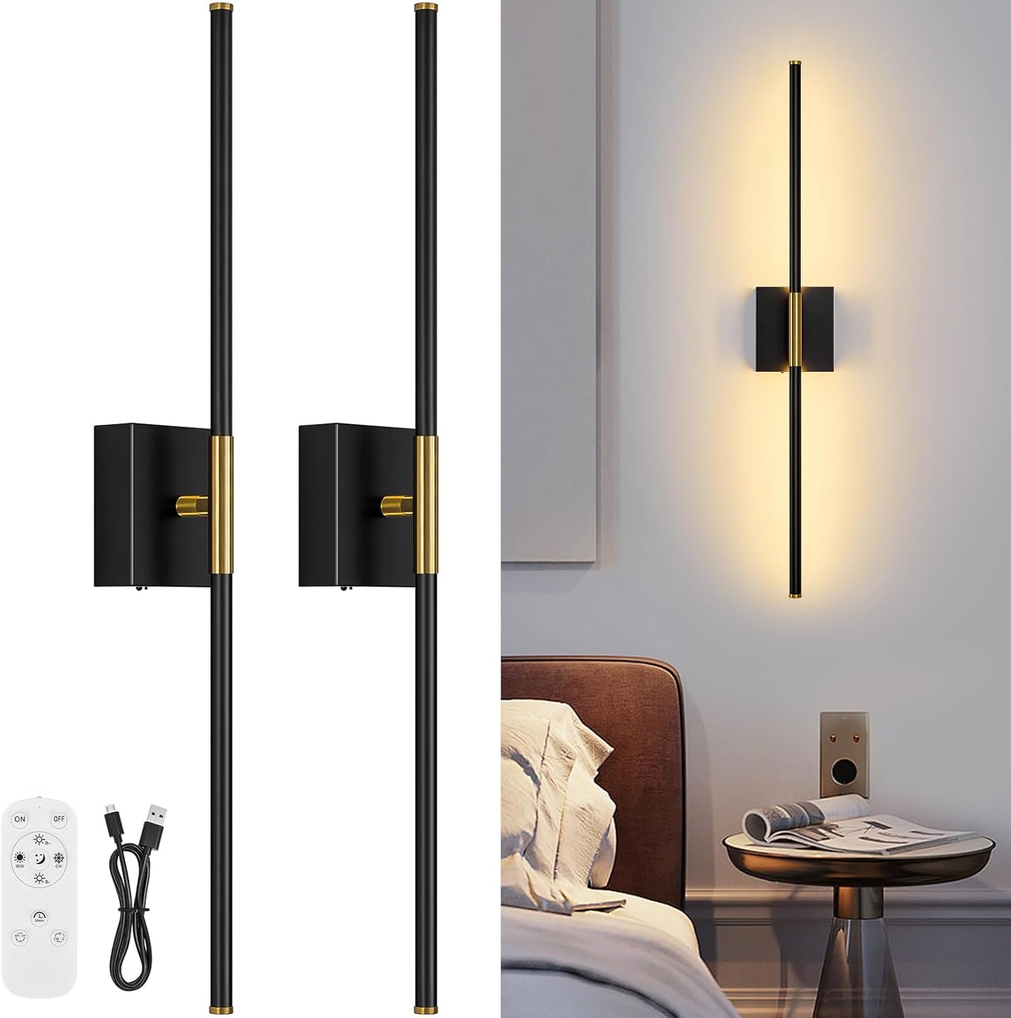 Dimmable Wall Sconces Set of Two with Remote Control Features