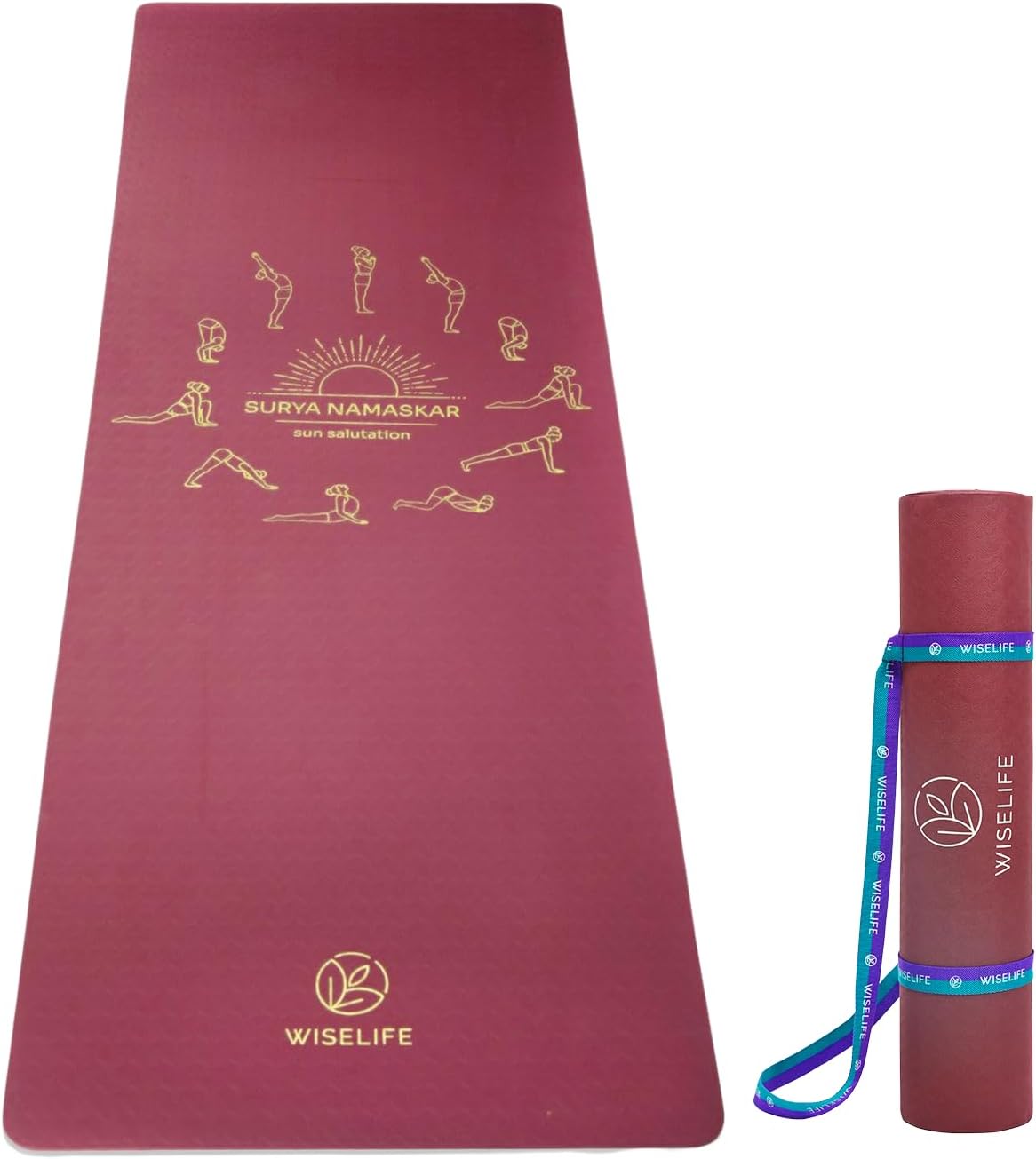 WiseLife 6mm Extra Thick Yoga Mat + Strap - Sun Salutation