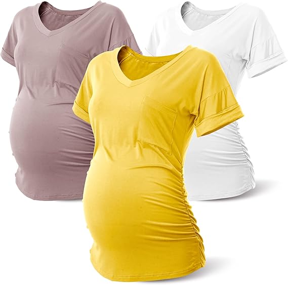 Rnxrbb Maternity Shirts Short Sleeve Summer Pregnancy Tops 3 Pack