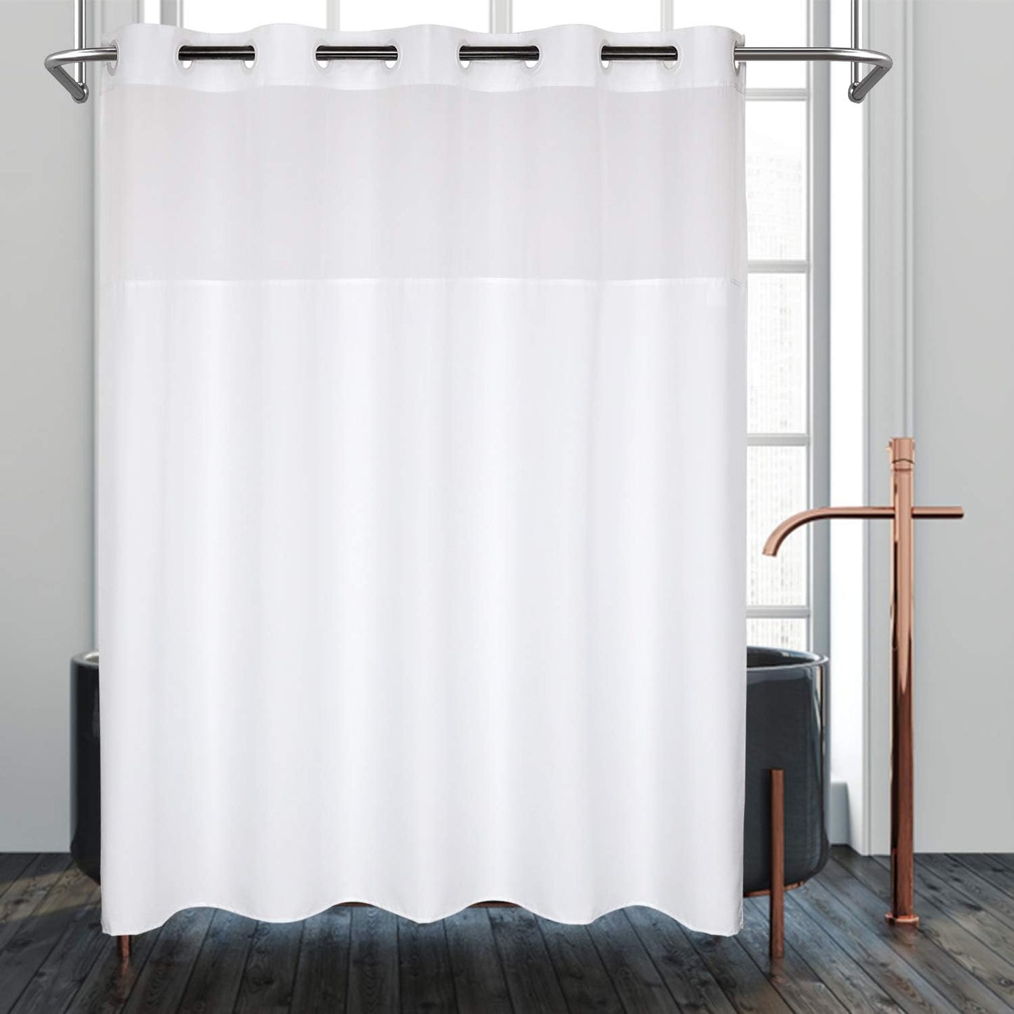 River Dream White Fabric Shower Curtain with Sheer Window, No Snap Needed
