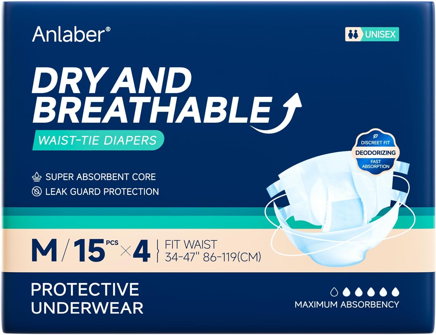 Anlaber Adult Diapers - 60 Count, Maximum Absorbency & Odor Control, Medium Size