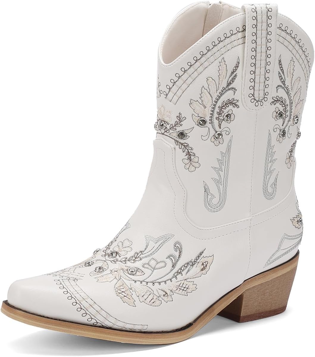 Rhinestone Ankle Cowboy Boots for Women with Chunky Heels