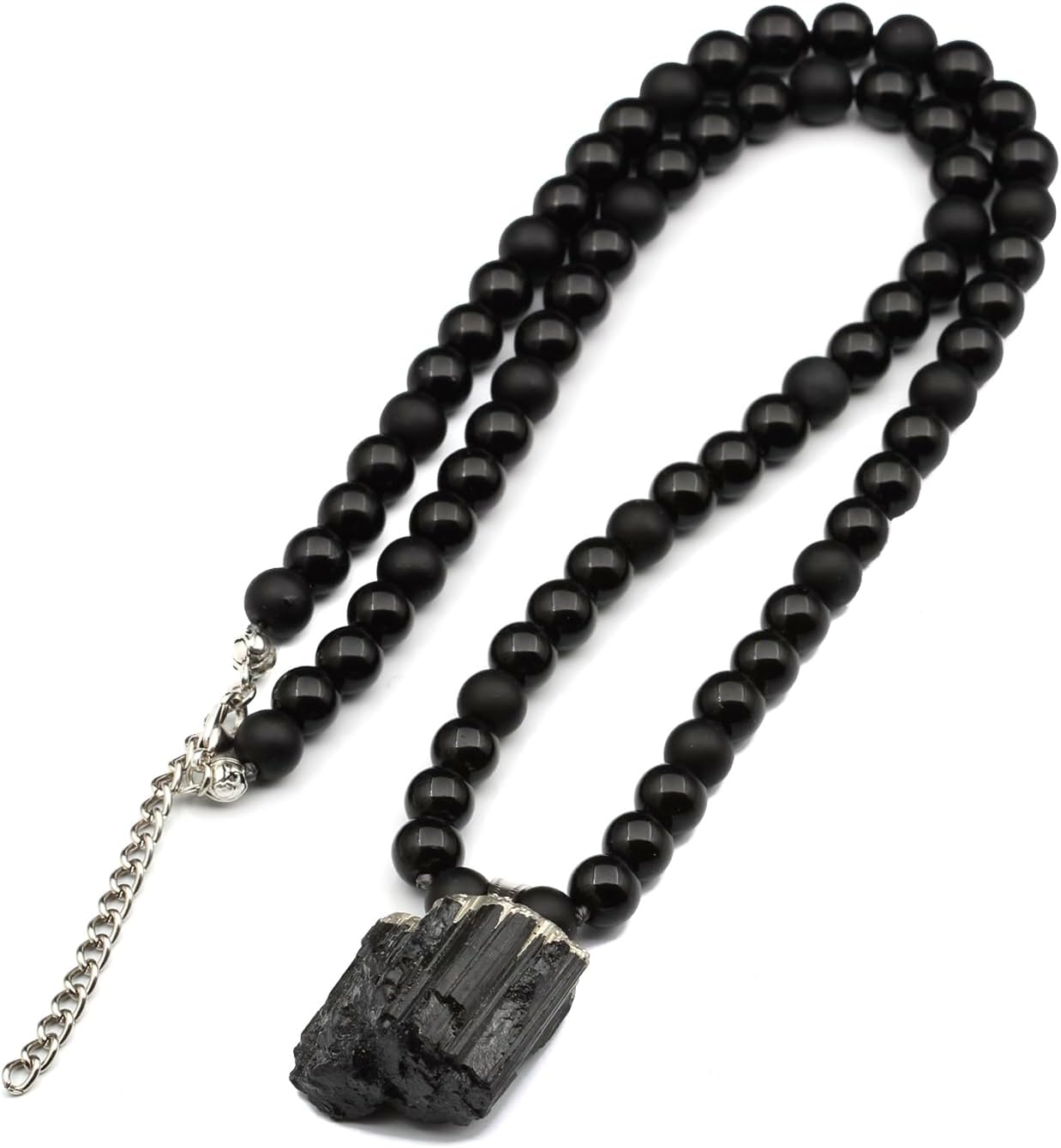 Natural Raw Tourmaline Pendant with Black Onyx Beaded Necklace