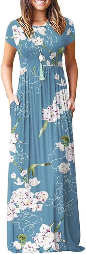 AUSELILY Women Short Sleeve Loose Maxi Dresses with Pockets