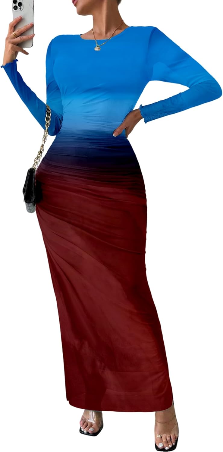 Trendy Long Sleeve Maxi Dress for Women - Bodycon Ruched Style