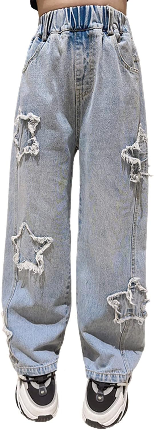Rolanko Girls Jeans Denim Elastic Waist Wide Leg Baggy Pants