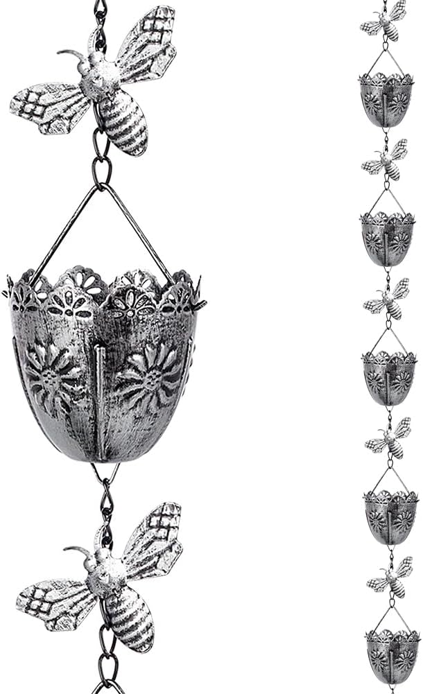 7.8 FT Metal Rain Chain with Cups & Bees Decor for Eaves Drainage