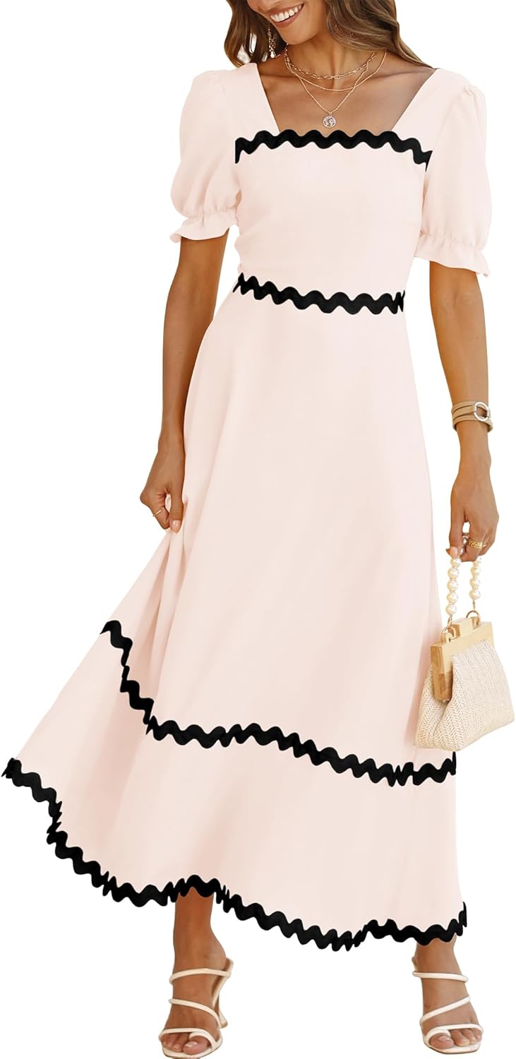 BTFBM Women Summer Square Neck Puff Sleeve Maxi Dress 2025