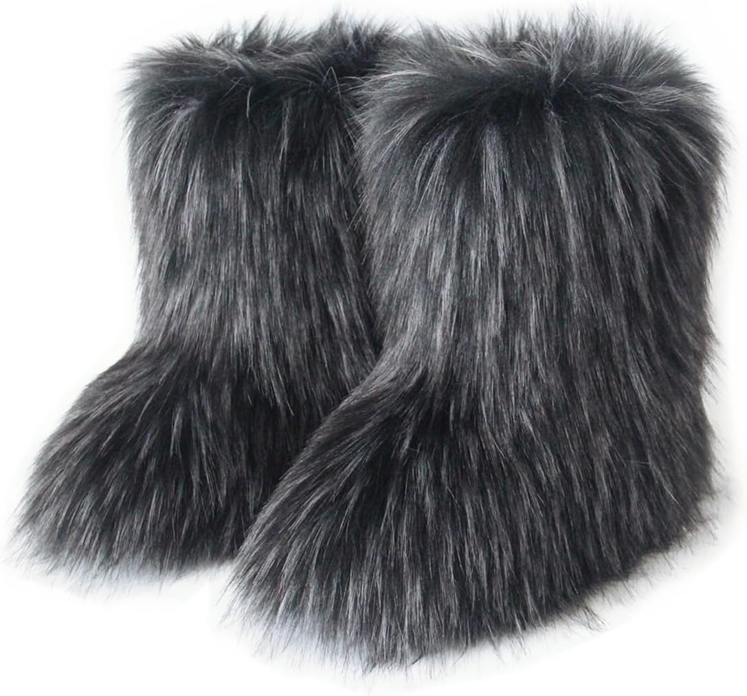 Furry Faux Fur Boots for Women - Cozy Mid Calf Snow Booties