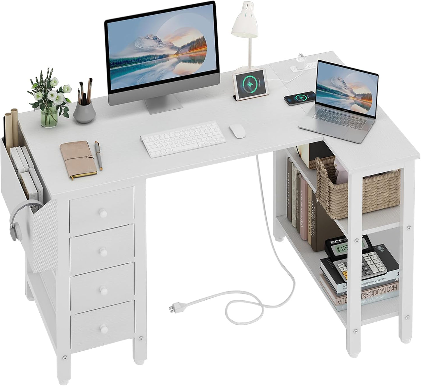 47 White L-Shaped Desk with Drawers & Power Outlet