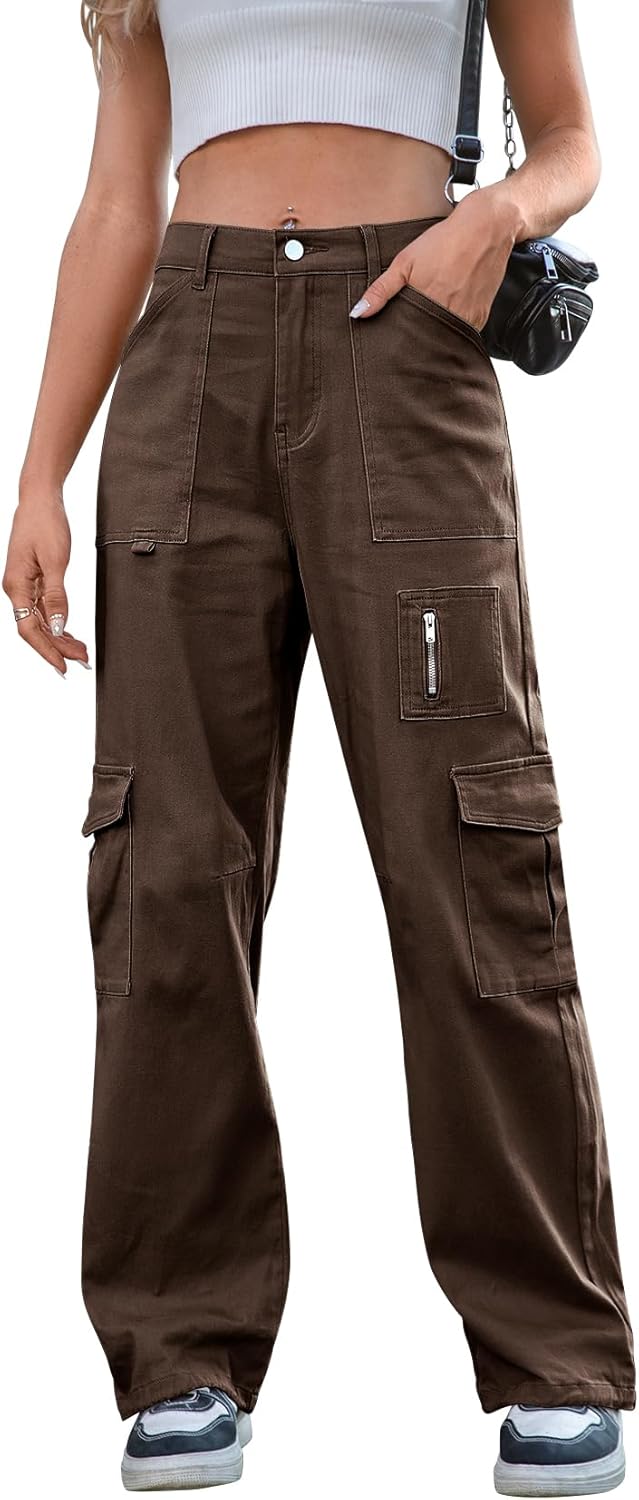 IVIR Cargo Pants Women High Waist Wide Leg Casual Trousers