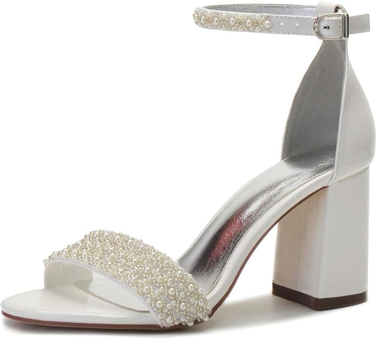 YWXYMGE Block Heels Pearls Wedding Sandals for Summer Events