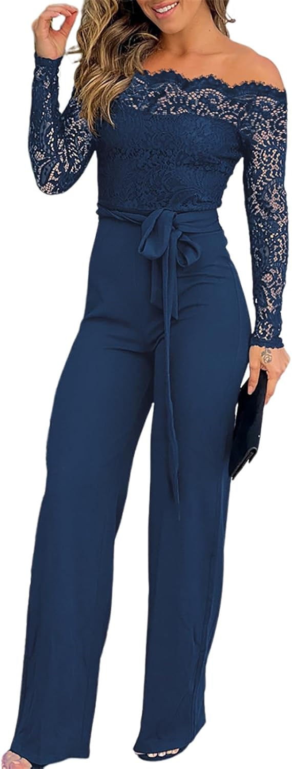 Chic Off-Shoulder Jumpsuit for Women with Lace Trim Elegance