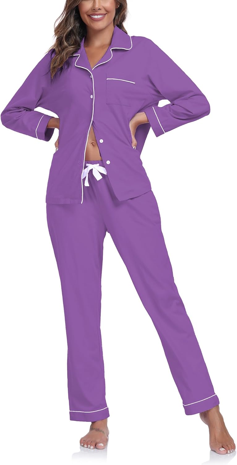 COLORFULLEAF Women's Cotton Long Sleeve Pajama Sets with Pockets