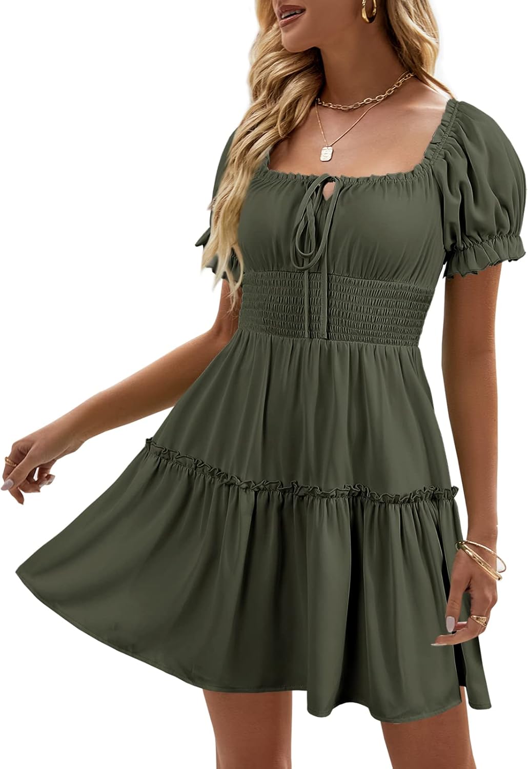 Boho Floral Smocked Square Neck Mini Dress for Women