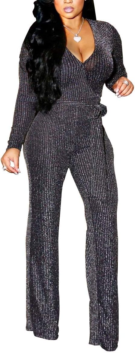 LightlyKiss Women Casual Sexy V Neck Sparkly Jumpsuits for Parties