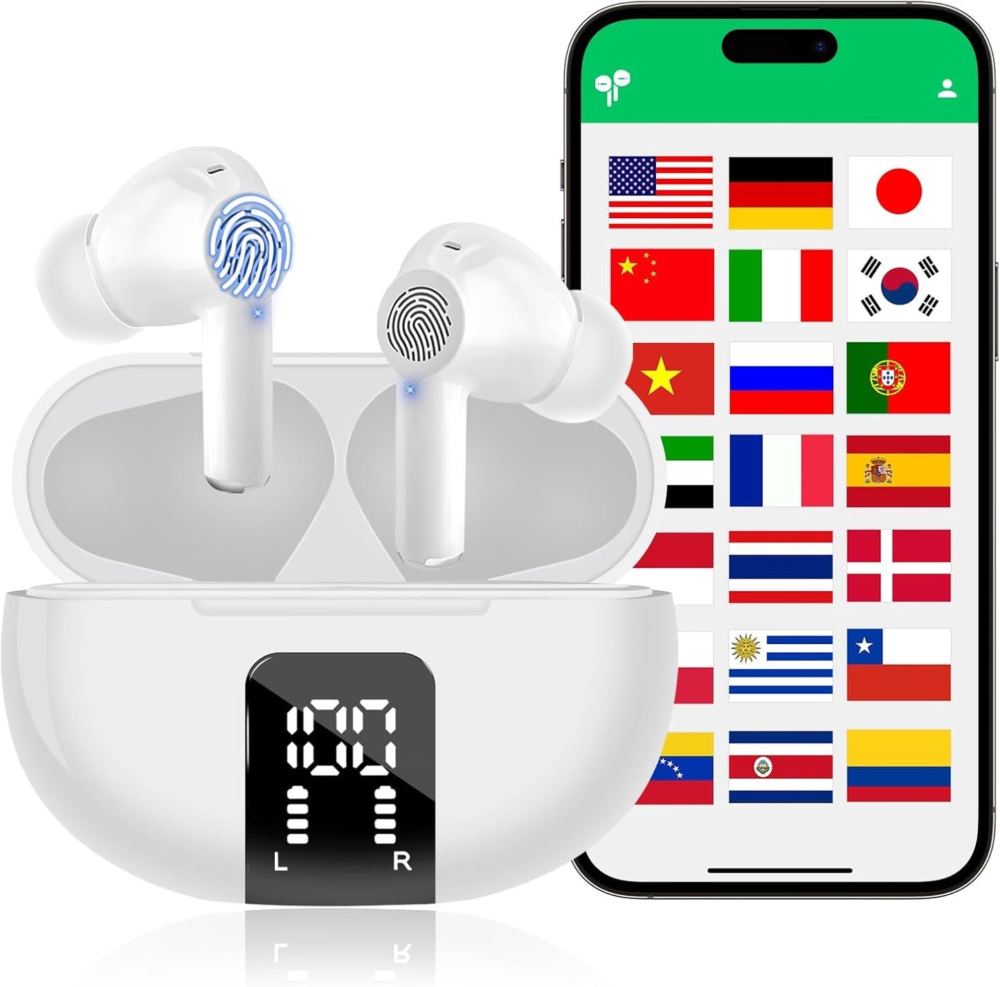 Aojo AI Translator Earbuds: Real-Time 3-in-1 Language Translation - 144 Languages - Ideal for Travel