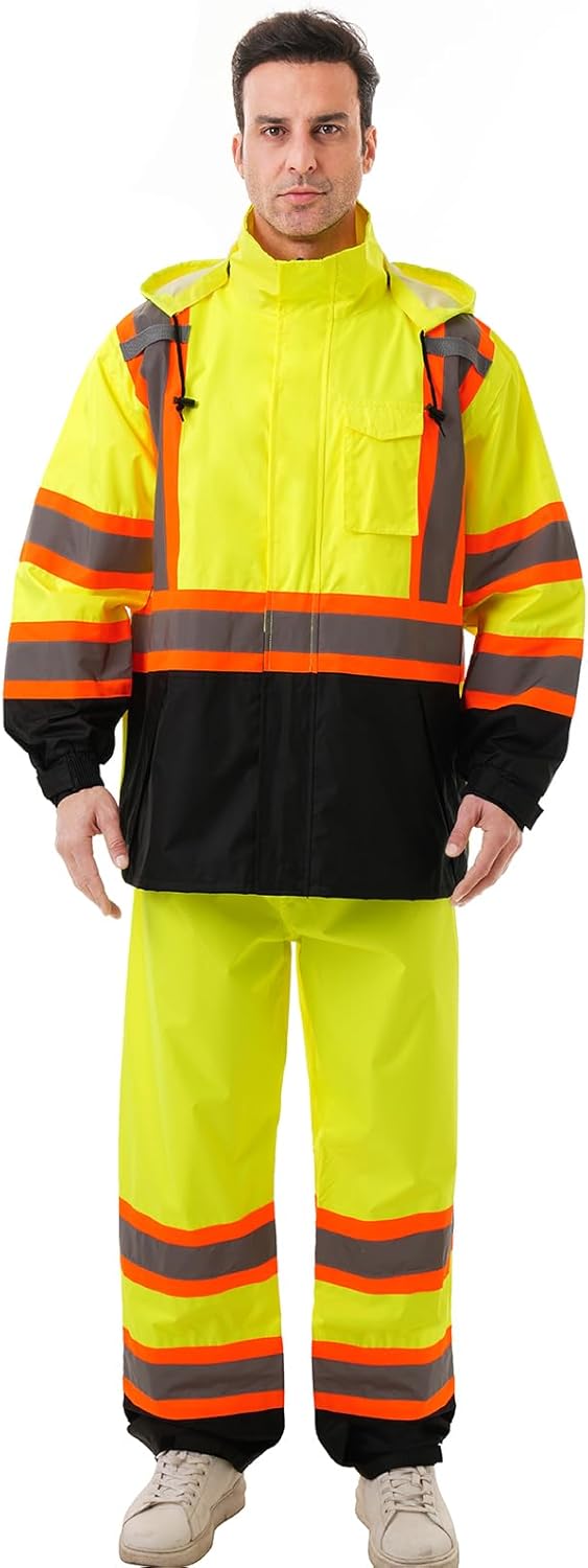 Hi Vis Safety Rain Jacket with Reflective Class 3 Design