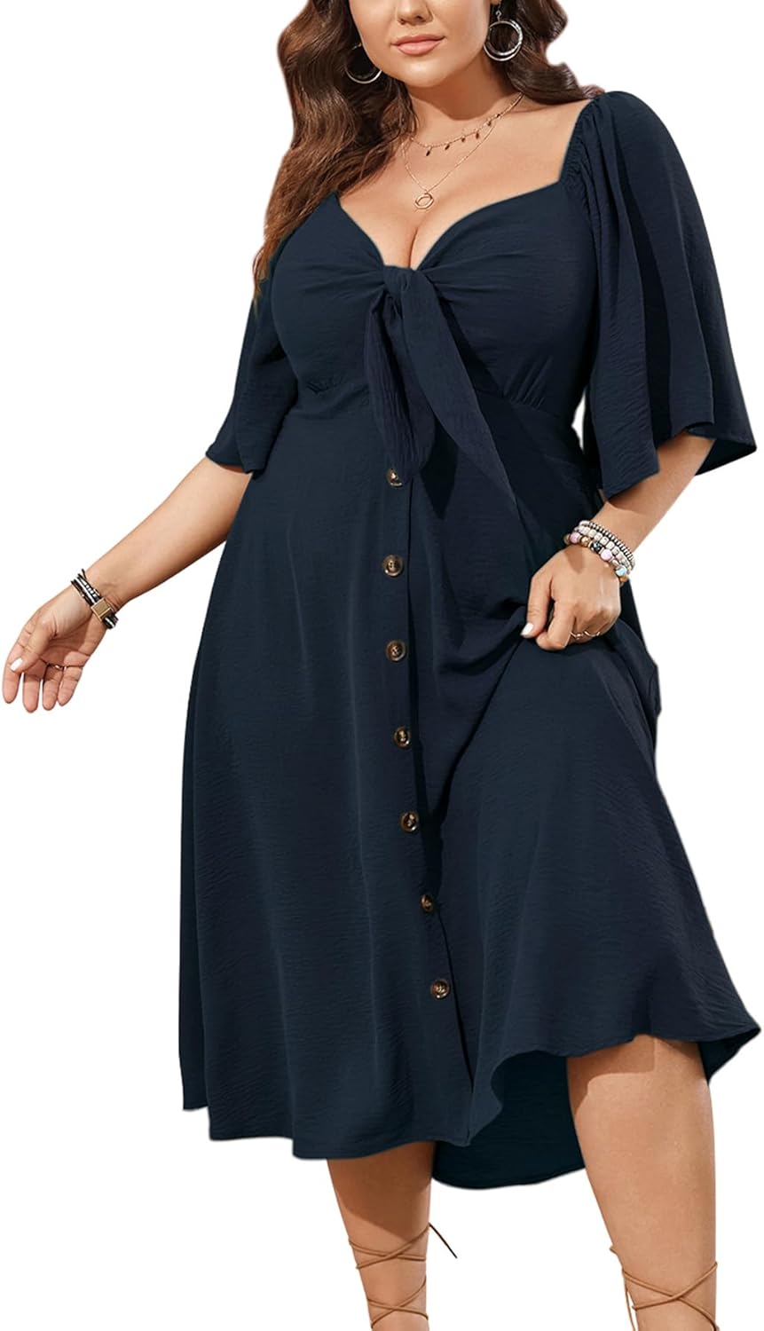 Plus Size Summer Dress with Bow Tie Deep V Neck Design