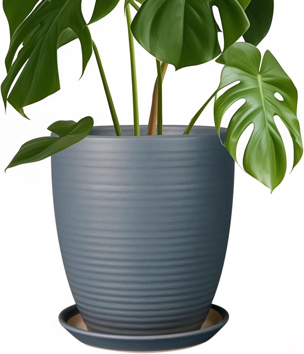 8 Inch Ceramic Plant Pot with Drainage Hole and Saucer Gray