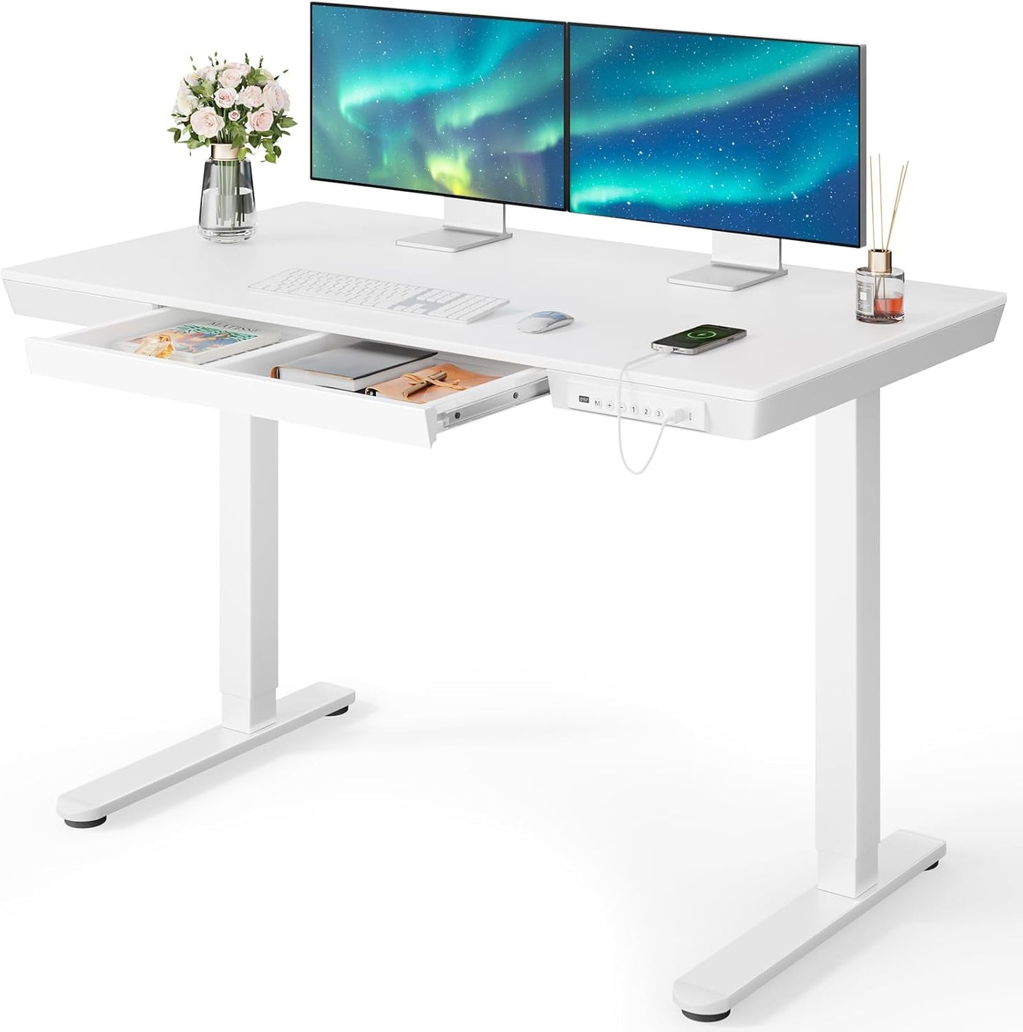 Electric Standing Desk with USB, Height Adjustable, White