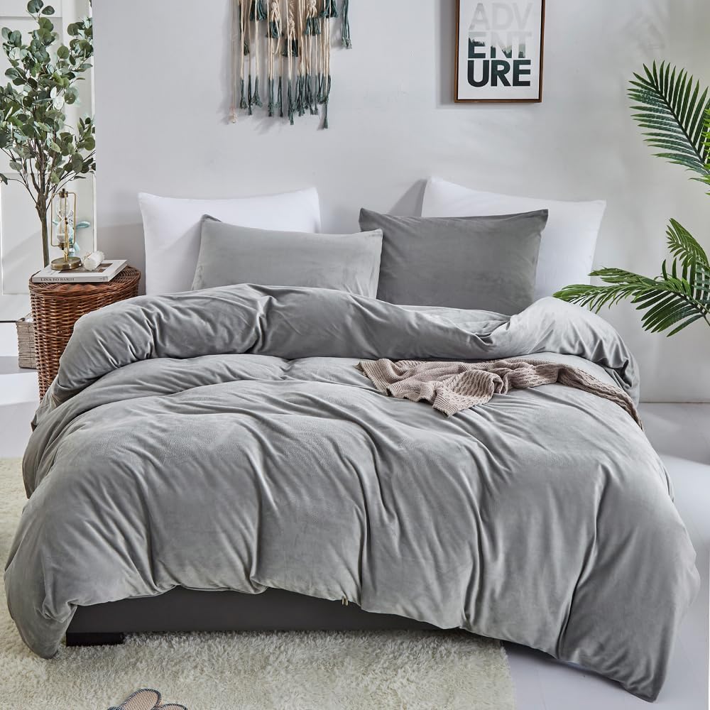 Grey Velvet Queen Comforter Set by CLOTHKNOW for Cozy Bedding