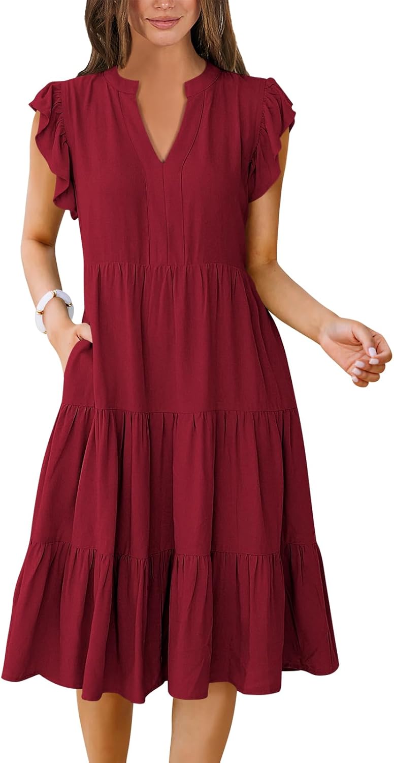 Womens Summer Dress Ruffle Sleeve V Neck Midi Casual Sundress
