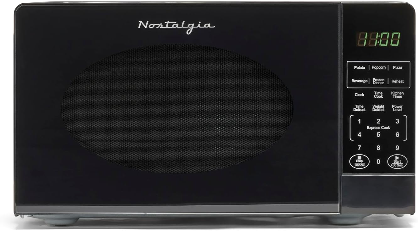 Nostalgia 700W Retro Microwave - 12 Cooking Settings - Digital Clock - Black
