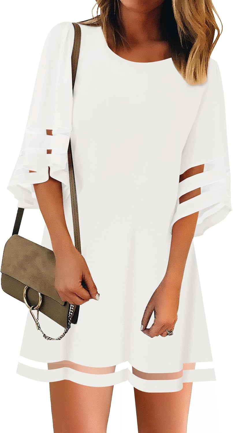 Casual Crewneck Mesh Panel Bell Sleeve Dress for Women
