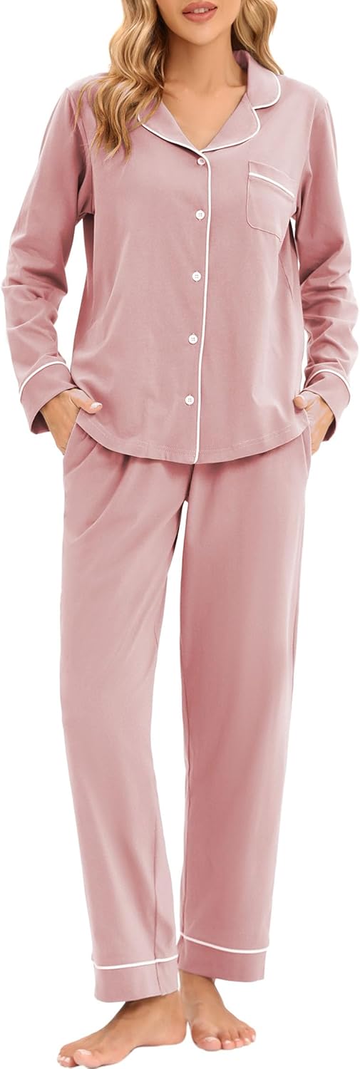 LUBOT 100% Cotton Pajamas for Women Soft Button-Down Set