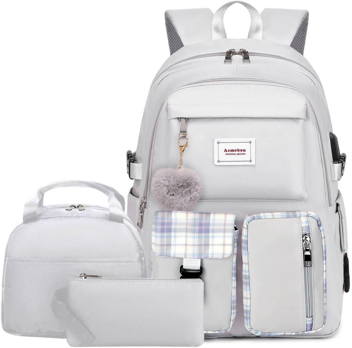 Girl Roomy Fashion Laptop Backpack Set for Women in Grey