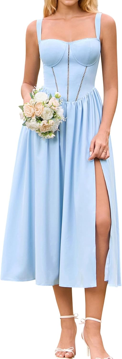 Floral Corset Midi Dress with Pockets for Summer Weddings