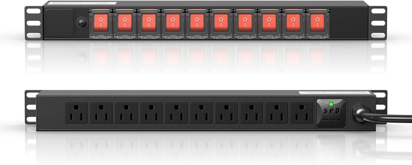 10 Outlet Rack Mount Power Strip with Individual Switch for Safety
