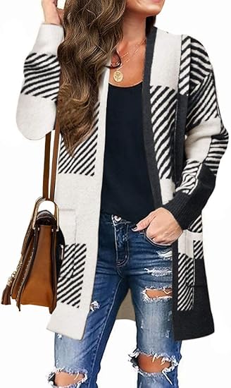 MEROKEETY Womens Plaid Long Sleeve Cardigan with Pockets