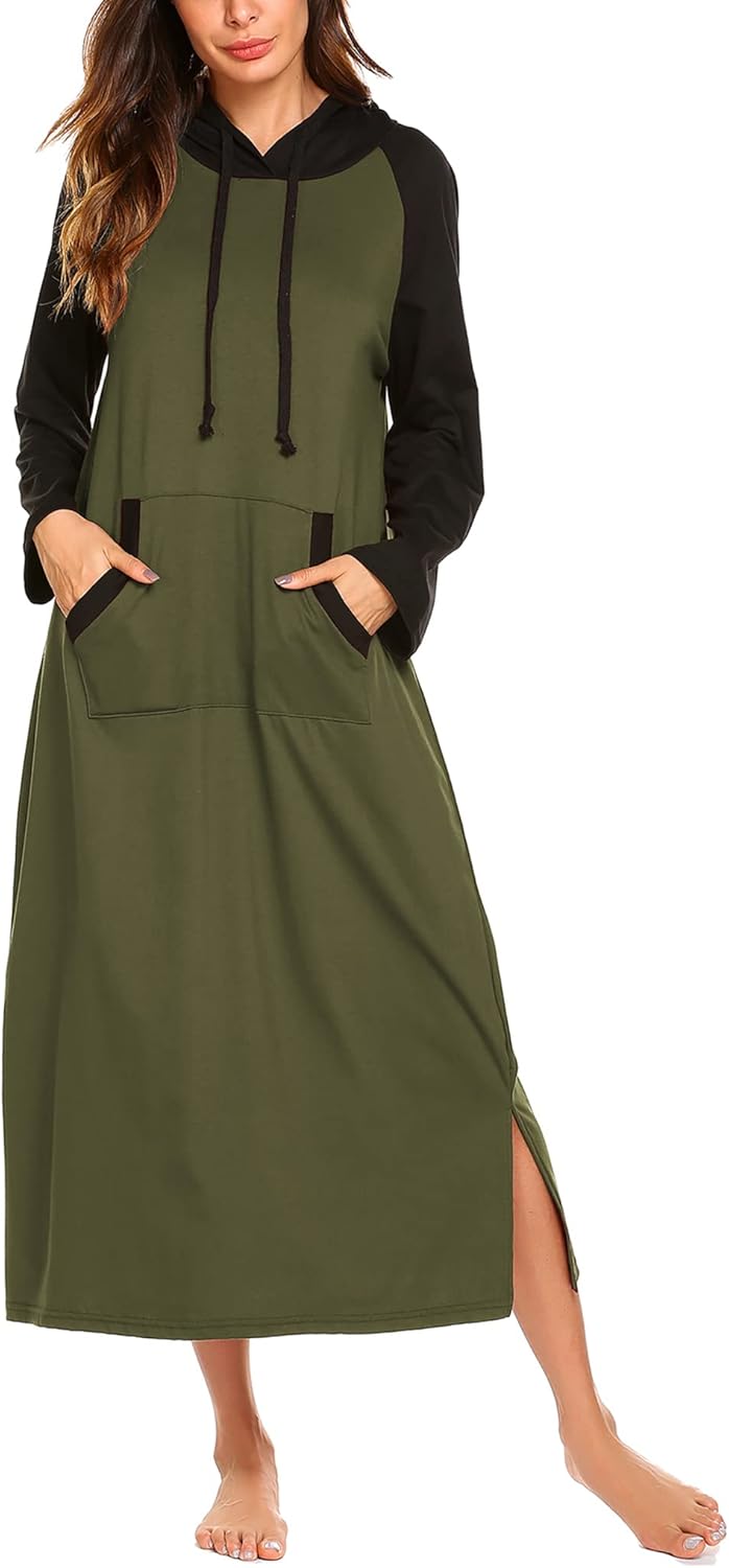 Ekouaer Cotton Nightgown for Women with Hood and Pockets