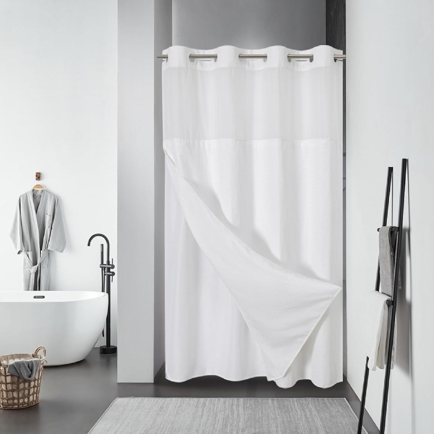 Stall White No Hook Waffle Weave Shower Curtain for Bathroom