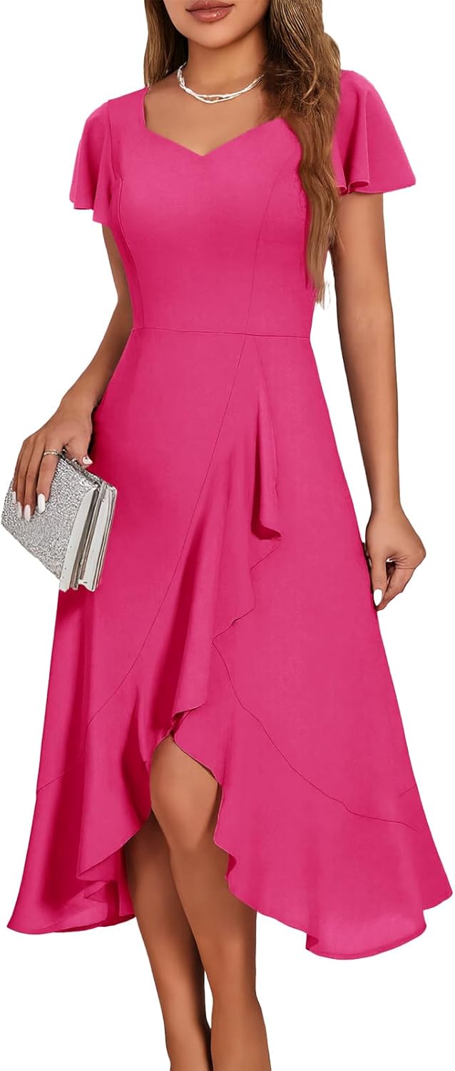 V Neck Formal Wedding Guest Dresses with Ruffle Sleeves