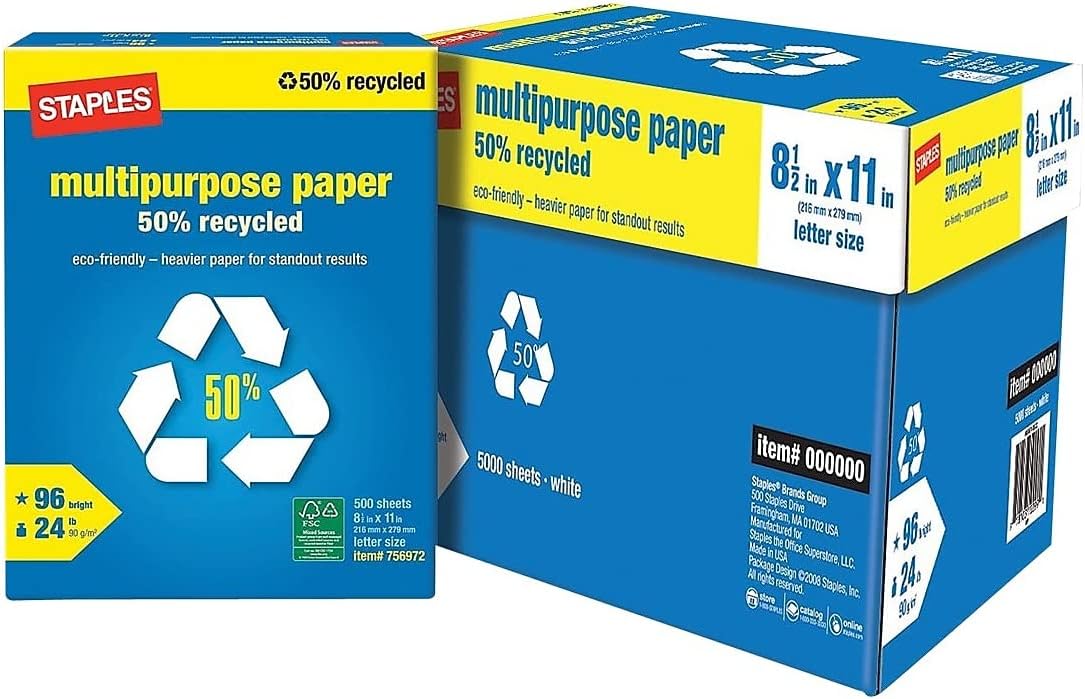 Staples 50% Recycled Multipurpose Paper for Clear Printing